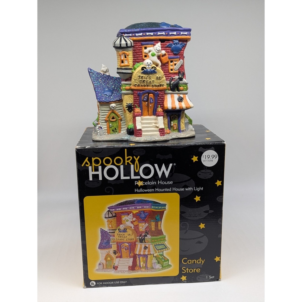 Vtg Spooky Hollow Candy Store Porcelain Halloween Village Lighted Town Joann